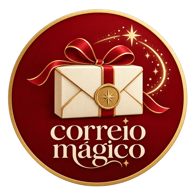 Correio Mágico — envelope com laço vermelho e estrelas douradas